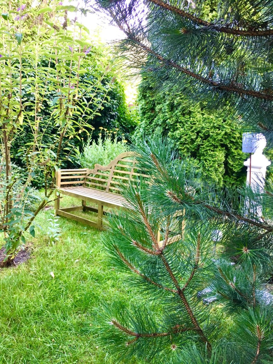 Gartenbank umgeben von üppigem Grün und Kiefern im Garten des Hauses Feuchtl