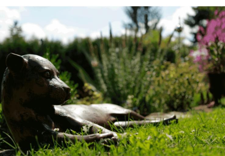 Bronzefigur eines jungen Geparden im sommerlichen Garten des Hauses Feuchtl